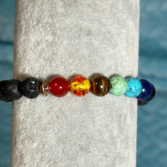 Multicolor 7 stone chakra stretchy bracelet w/black lava stones - Picture 9 of 16